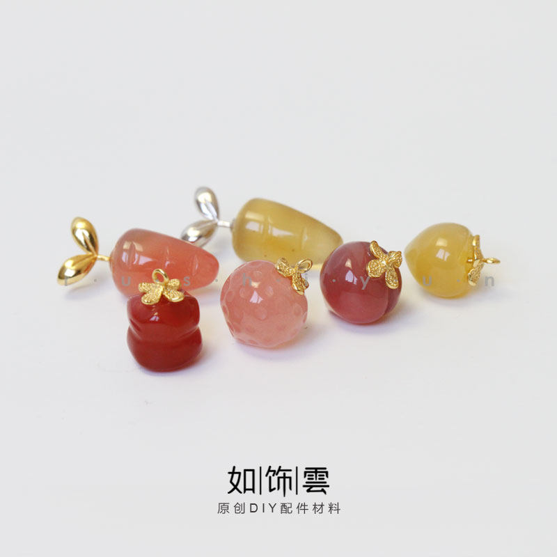 如饰 超萌草莓水蜜桃蘑菇萝卜吊坠 925银镀金精雕玛瑙diy银吊饰BK