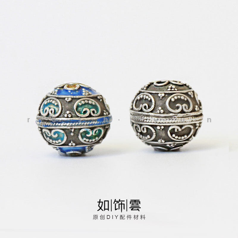 925银烧蓝如意梅花圆珠珠串diy
