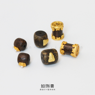 如饰 檀木嵌银镀金花片管珠桶珠 925银镀金枣型珠手串diy配件 FQ