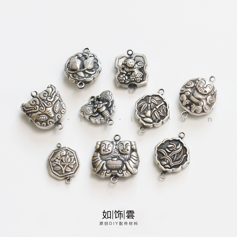 如饰 兰竹莲石榴仙童和合链接环 925银半手工链接件手串diy配饰AJ