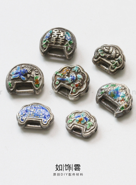 如饰 喜上眉梢牡丹宝宝锁挂坠 925银烧蓝做旧戒指手链diy银吊饰AF