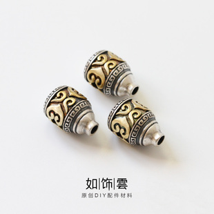 如饰 卷纹嵌黄铜三通佛头 S925银复古佛塔藏式珠串顶珠diy配件 FC