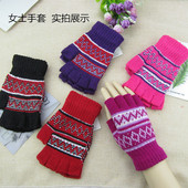 韩版 保暖半指手套女冬天针织露指加绒可爱格子学生写字手套批 时尚