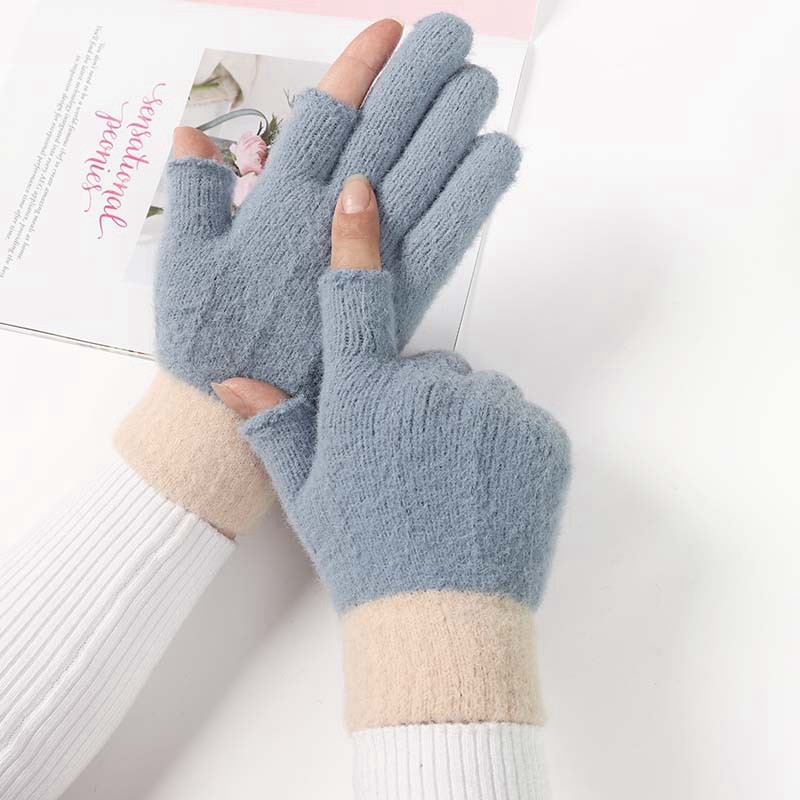漏二指手套冬季毛绒保暖针织中学生写字办公工作触屏半指手套男女