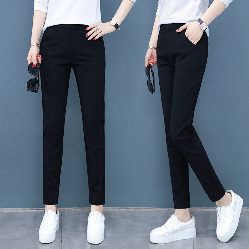 黑色休闲小西裤女2025春秋新款松紧高腰春季弹力小个子小脚哈伦裤