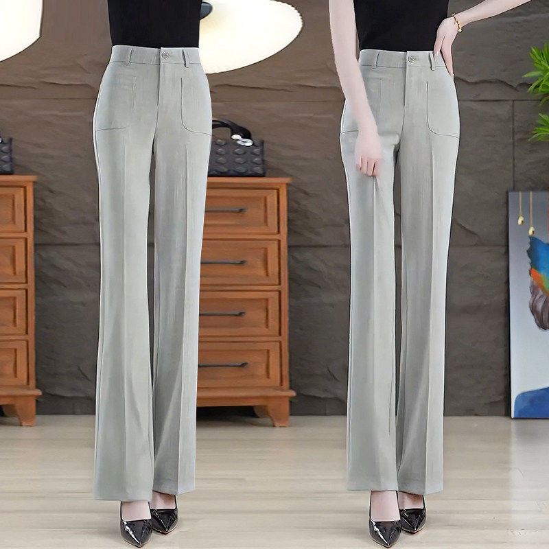 棉麻微喇裤女2026夏季新款高腰薄款透气冰丝灰色喇叭西装休闲裤子