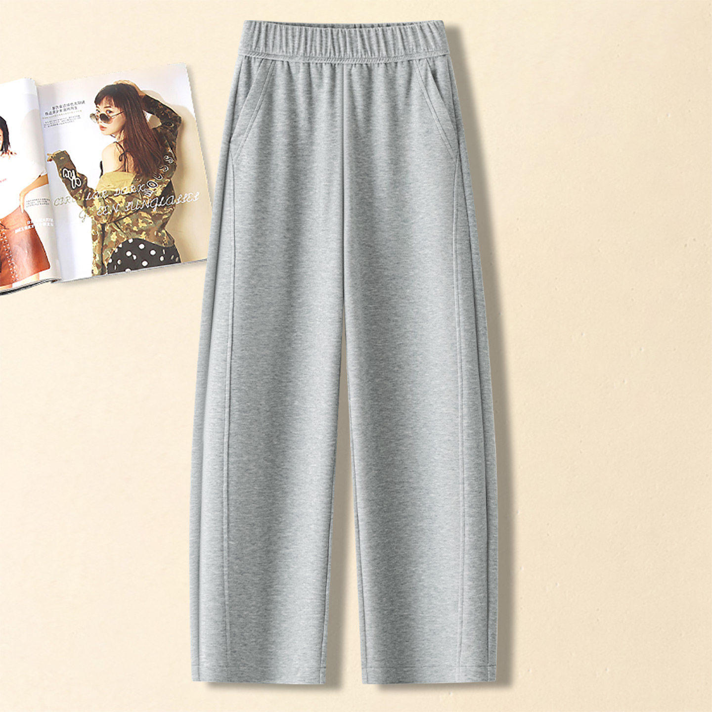 灰色休闲阔腿弯刀裤女2026春秋季新款松紧腰小个子运动镰刀卫裤子