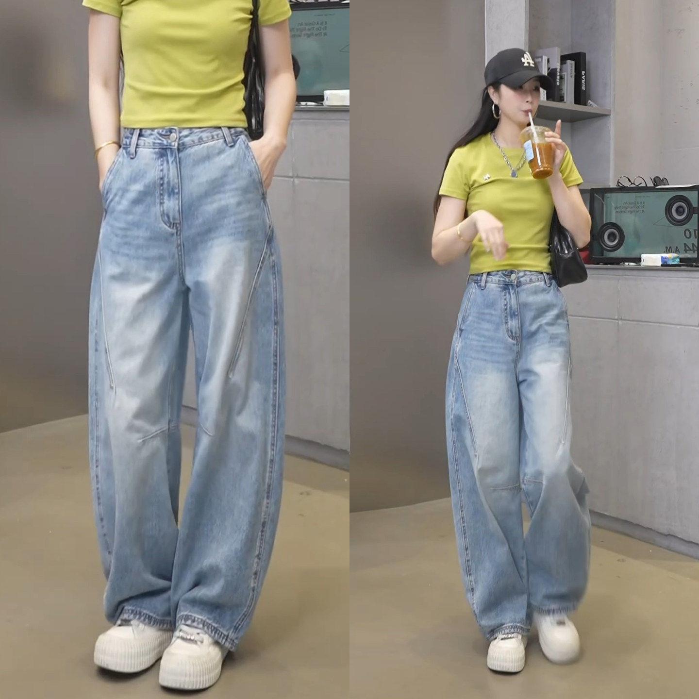 浅蓝色牛仔裤女夏薄款高腰弯刀裤显瘦胖mm大码窄版宽松新款阔腿裤