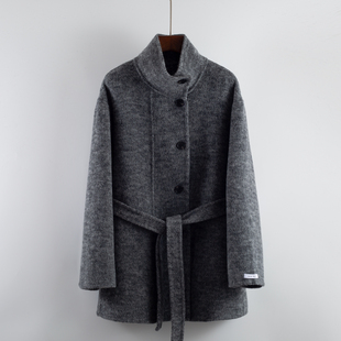 双面绒大衣女收腰立领中长款灰色毛呢2025秋冬新款加厚外套小个子