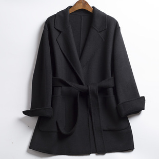 黑色收腰系带短款小个子外套2025年秋冬新款双面绒大衣女毛呢潮