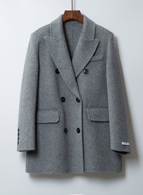 加厚双面长绒大衣女短款毛呢灰色长毛西装外套秋冬新款上衣西服