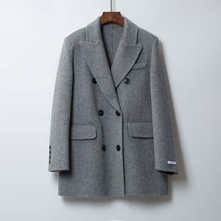 加厚双面长绒大衣女短款毛呢灰色长毛西装外套秋冬新款上衣西服