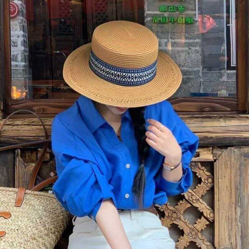法式草编民族风花纹草帽女夏季新款沙滩出游度假风防晒遮阳平顶帽