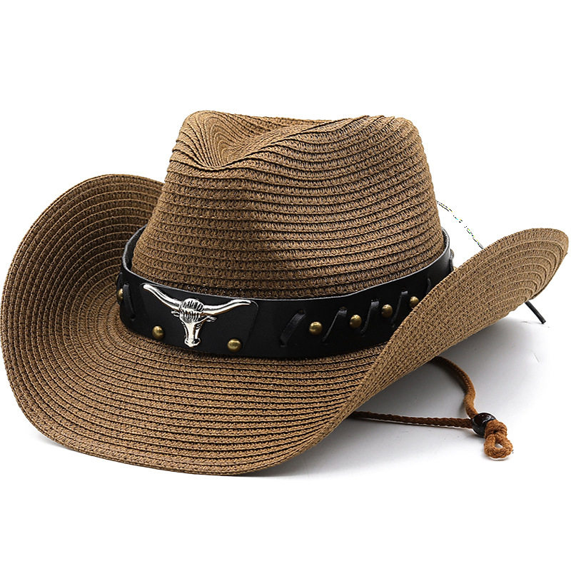跨境新牛头皮带草帽藏族藏式西部牛仔礼帽可折叠民族风Straw Hat