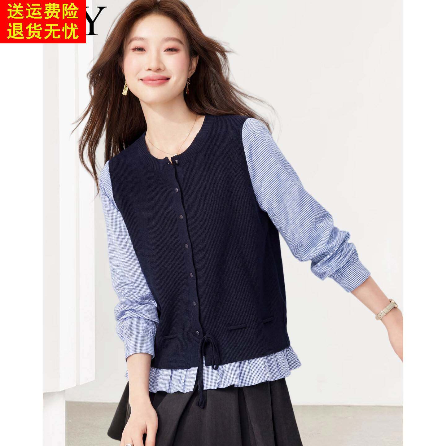 2026春装新款超好看百褶收腰假两件减龄T恤别致圆领显瘦上衣女装