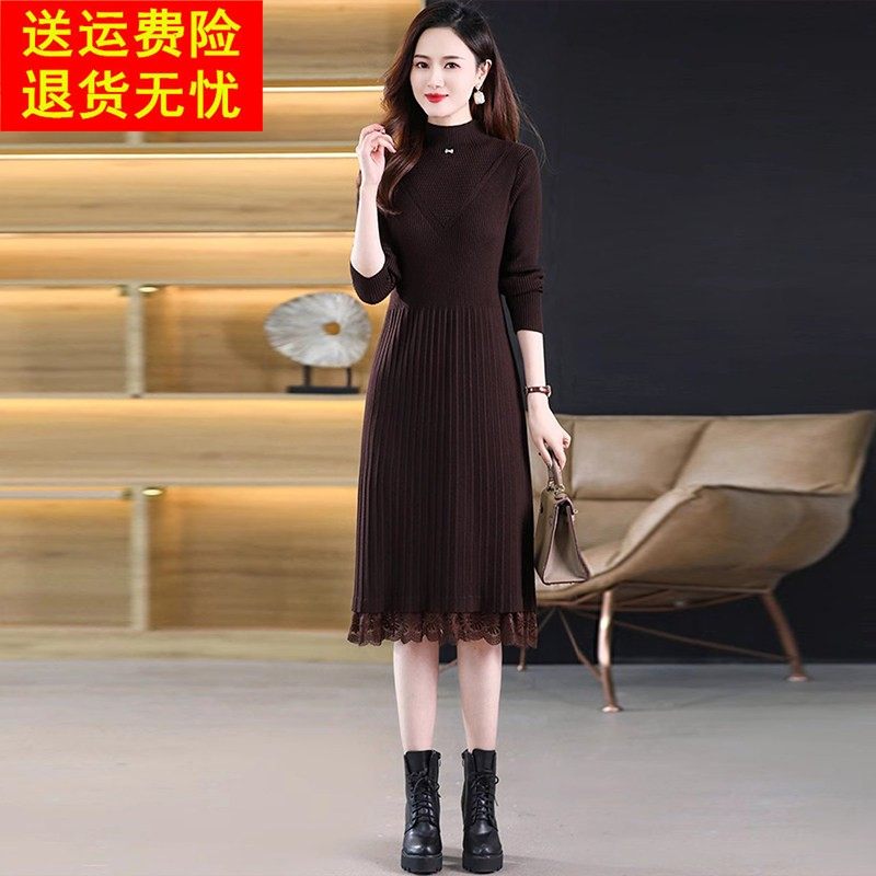 配大衣毛衣裙女秋冬2025新款半高领打底裙内搭显瘦针织羊毛连衣裙