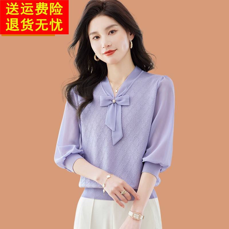 雪纺真丝t恤女2025夏新款蝴蝶结v领冰丝针织衫小香风紫上衣配裙子