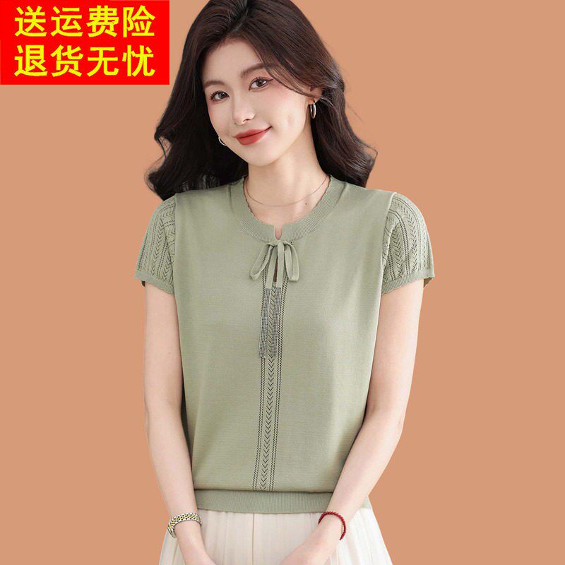 冰丝针织短袖t恤女2026新款妈妈夏装薄款系带短款配裙子打底上衣