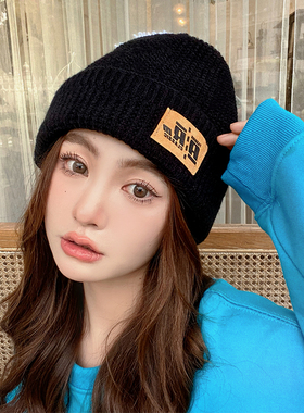 黑色帽子女冬字母贴标毛线帽秋冬季保暖大头围针织帽男冷帽美式潮