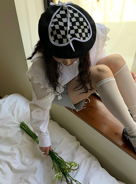 新款爱心棋盘格贝雷帽女设计感小众复古春夏季画家帽韩系ins博主