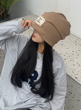 网红日系帽子女秋冬百搭堆堆帽大头围套头包头帽春秋薄款冷帽ins