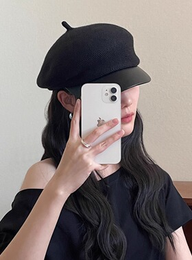韩系复古黑色pu皮鸭舌贝雷帽女秋冬百搭礼帽时尚针织画家帽报童帽