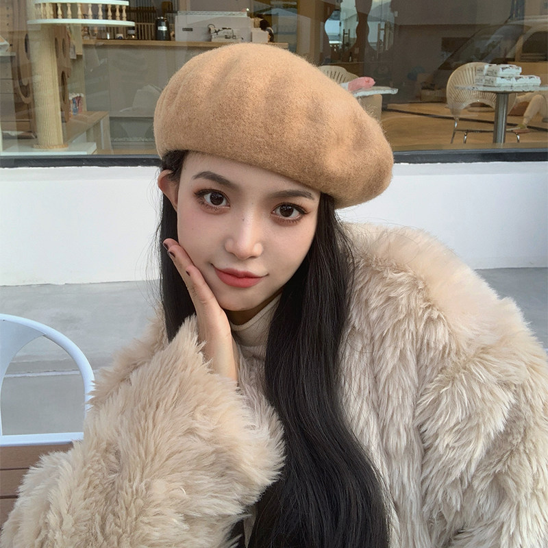 羊毛呢驼色贝雷帽女秋冬季复古网帽子