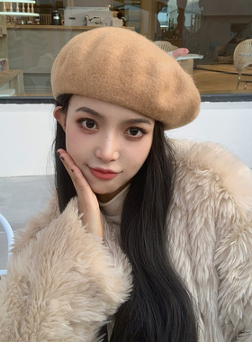 羊毛呢驼色贝雷帽女秋冬季复古网红画家帽韩系南瓜蓓蕾帽子春秋款