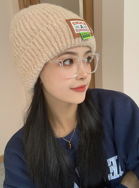 美式针织帽女冬季韩版百搭加绒护耳冷帽贴标秋冬保暖毛线帽ins潮