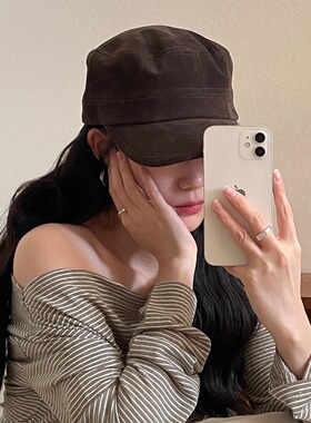 新款韩系麂皮绒马术帽女秋冬ins博主鸭舌帽日系复古平顶帽骑士帽