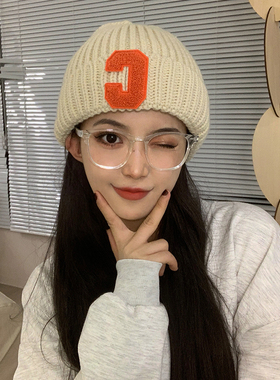 C字母针织帽女冬韩版百搭时尚大头围护耳毛线帽秋冬保暖冷帽ins潮