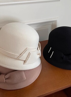 羊毛帽子女秋冬新款法式蝴蝶结小礼帽毡帽英伦复古千金帽毛呢盆帽