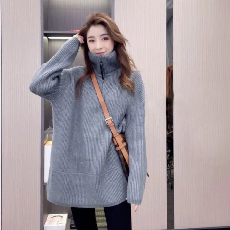 半开高领加厚毛衣女2025冬新款韩版宽松慵懒风针织打底衫外搭上衣