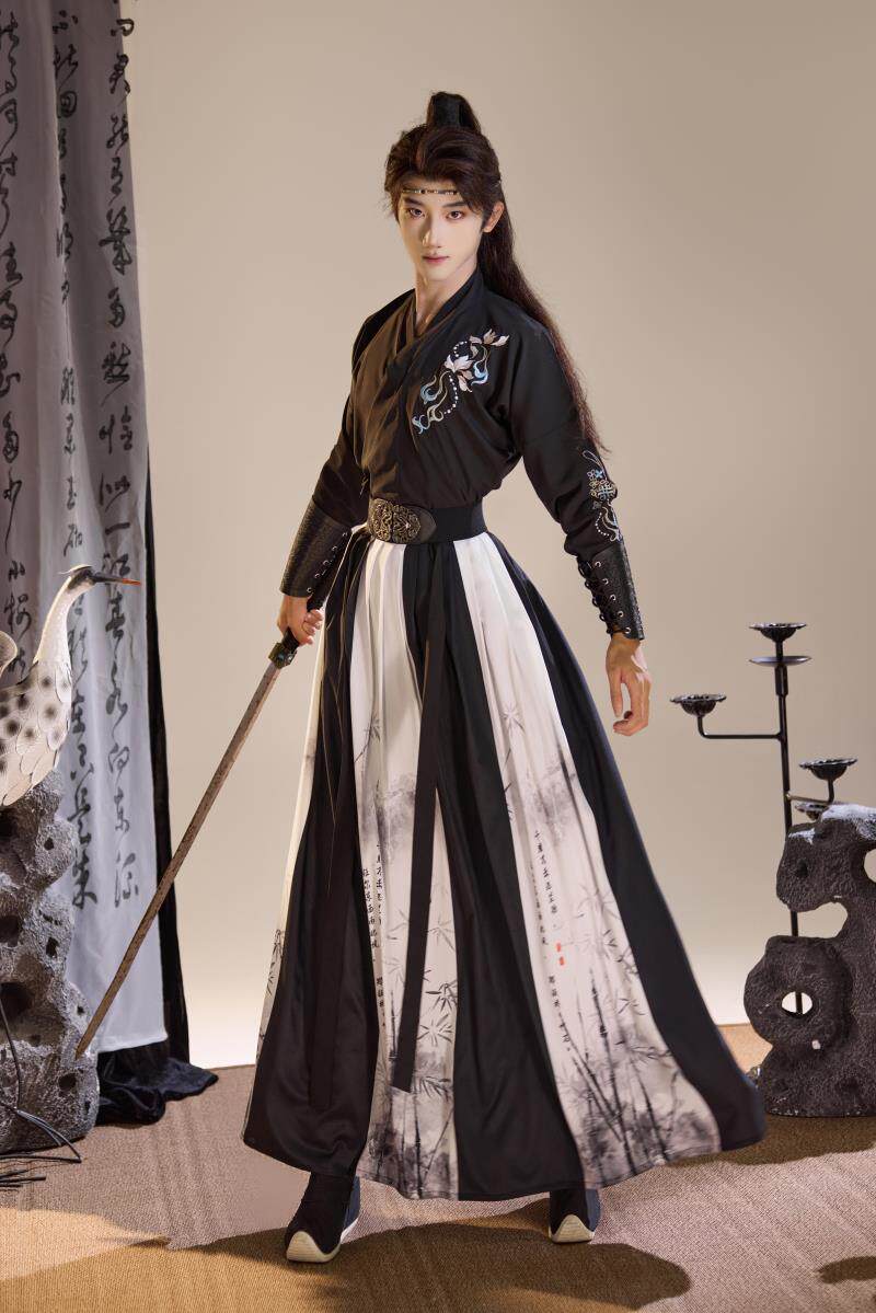 HANFU 남성 원래 무술 스타일 기사도 학자 중국 스타일 고대 의상 허리 높이 자수 학생 일일 수업 유니폼
