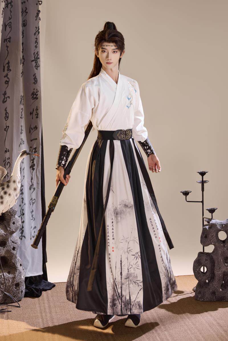 HANFU 남성 원래 무술 스타일 기사도 학자 중국 스타일 고대 의상 허리 높이 자수 학생 일일 수업 유니폼