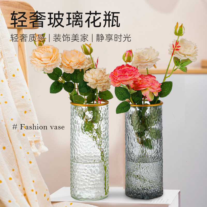 ins风简约花瓶玻璃透明水养插花瓶直桶大号口径高级感干花鲜花瓶图片