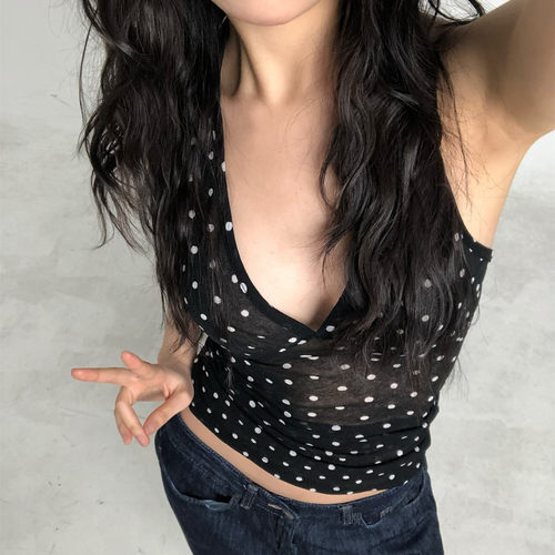 韩系辣妹y2k波点挂脖吊带上衣女