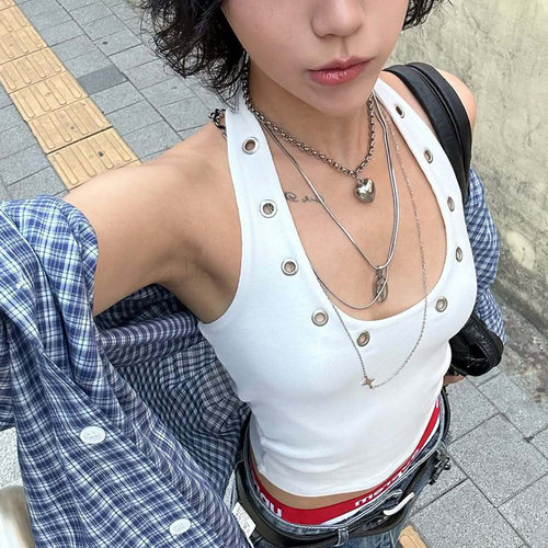 美式辣妹朋克鸡眼挂脖背心上衣潮