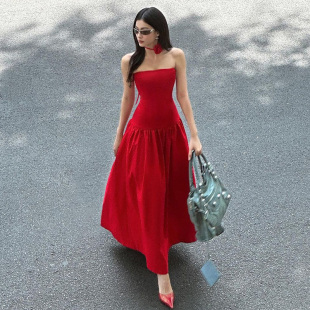 gusty法式 纯欲辣妹一字领抹胸A字连衣裙玫瑰颈带轻熟御姐收腰长裙