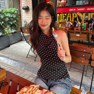 gusty韩系chic辣妹风复古波点印花挂脖吊带背心纯欲性感露背上衣