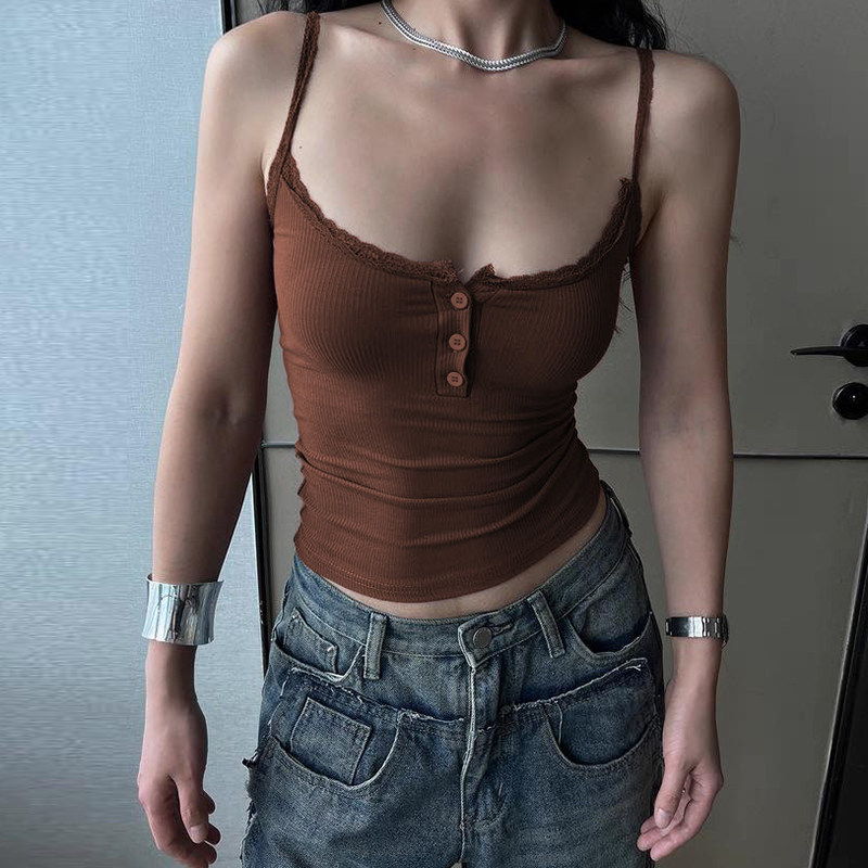 gusty甜辣chic少女感蕾丝拼接吊带背心纯欲辣妹百搭U领打底上衣夏