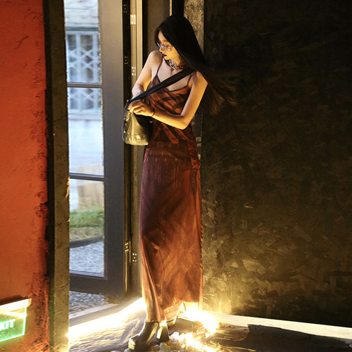 网纱印花辣妹吊带长裙古着连衣裙