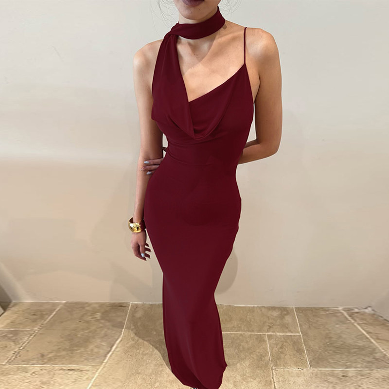 御姐荡领挂脖飘带长裙礼服连衣裙