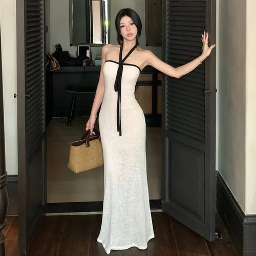 纯欲辣妹度假抹胸连衣裙挂脖长裙