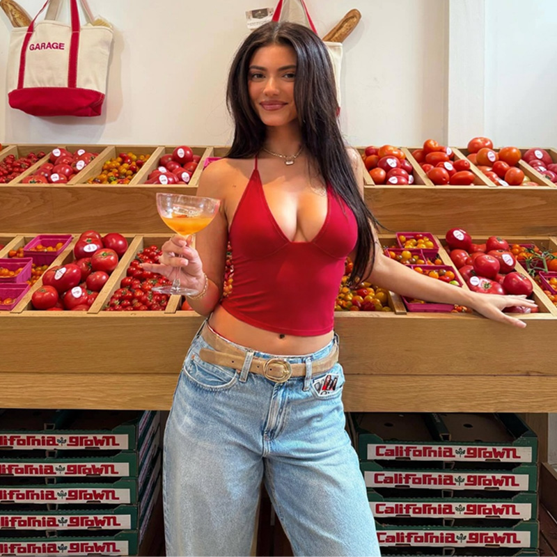 辣妹深V露脐上衣甜辣风挂脖吊带