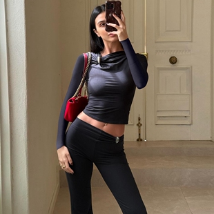 套装 休闲长裤 金属扣褶皱领长袖 上衣 修身 gusty街头气质御姐风时尚