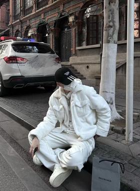 WIDE VIBES自主白色仿貂毛羊毛胸前双袋秋冬保暖防寒夹克男女同款