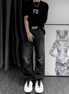 WIDE VIBES自主直筒微喇韩系cleanfit黑色水洗磨白牛仔长裤男女