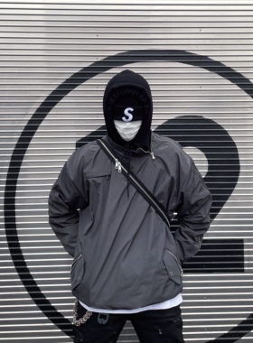 WIDE VIBES金属尼龙机能摇粒绒侧拉链深灰vibe风高街圆领秋冬卫衣