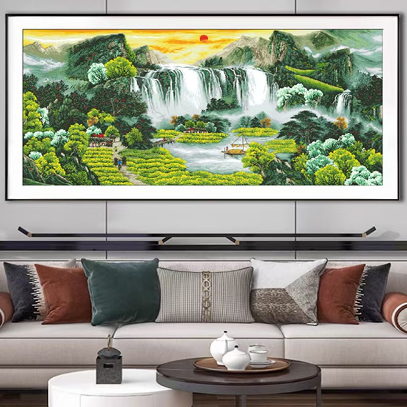 珠绣旭日东升流水生财山水大画十字绣彩珠绣串珠绣圆珠绣